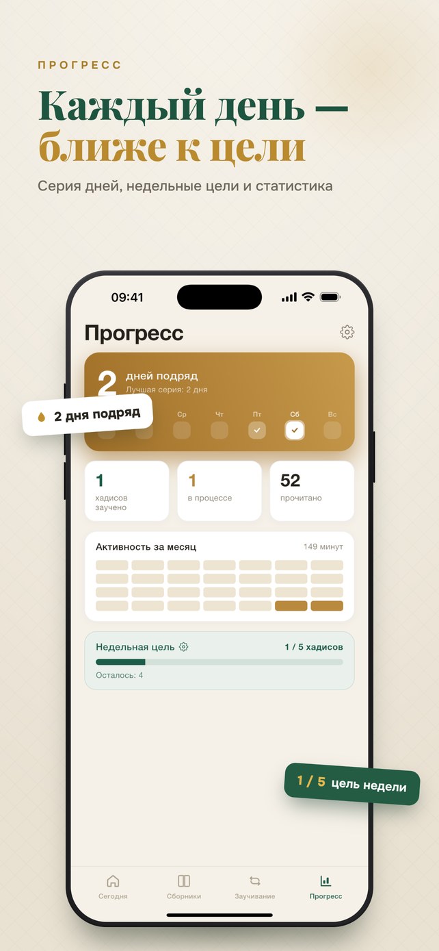 Прогресс: серия дней и недельная цель